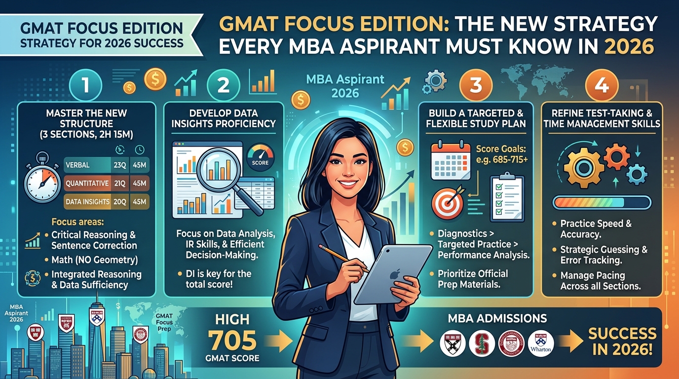 Student preparing for GMAT Focus Edition exam with study materials and laptop for MBA admission preparation