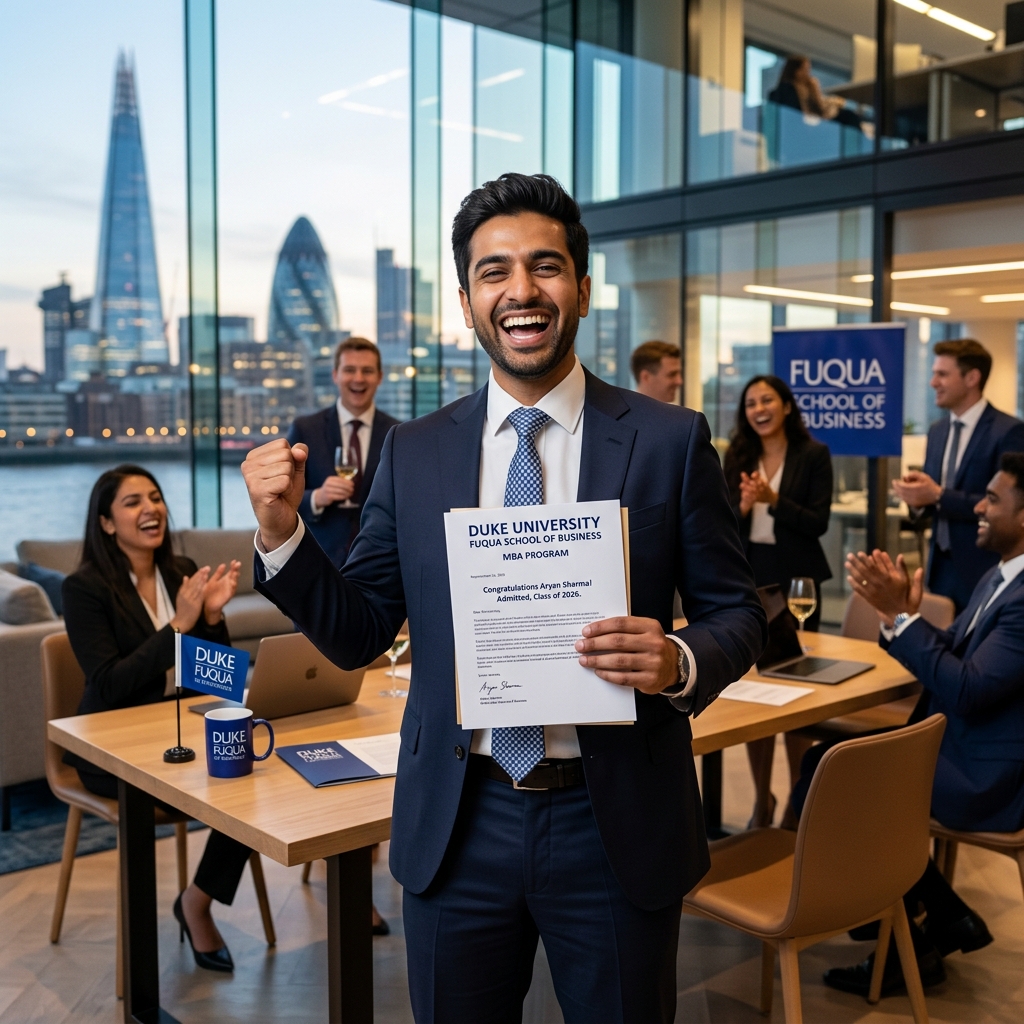 Business professional celebrating MBA admission with Duke University Fuqua background