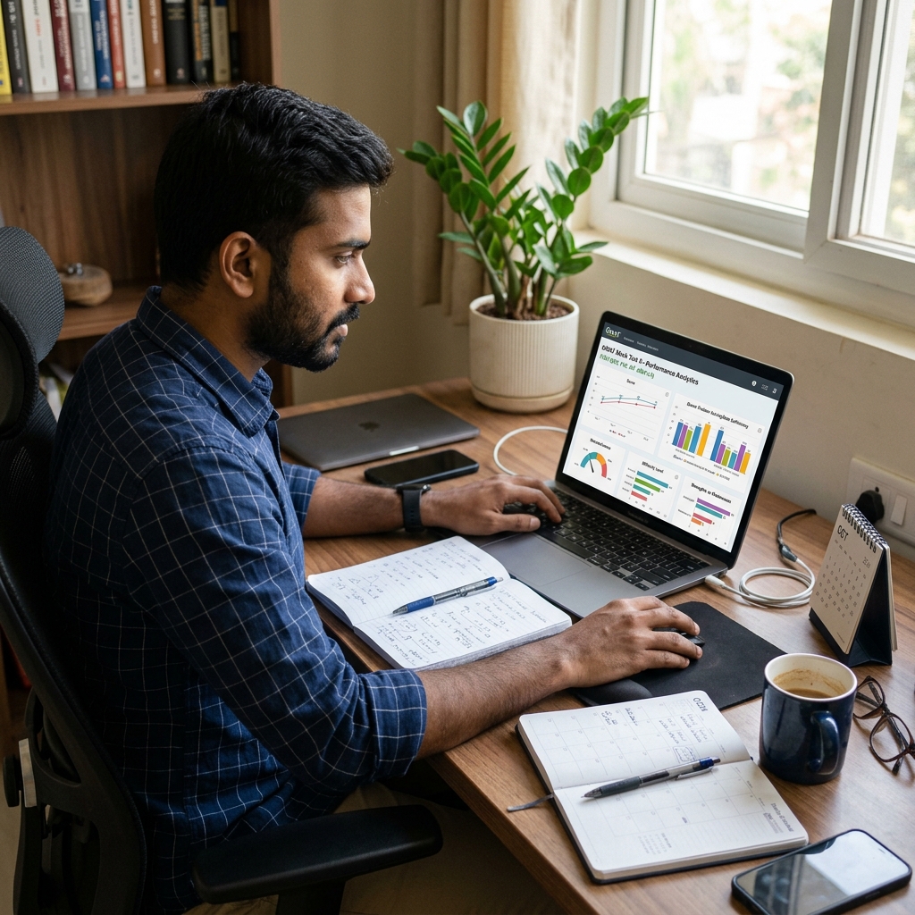 Working professional solving GMAT mock tests with planner and performance charts