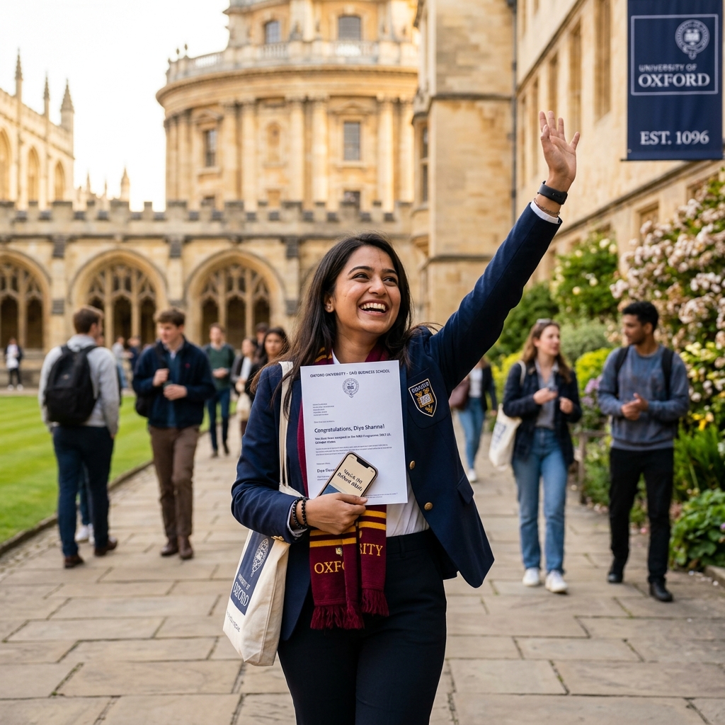 Successful student celebrating MBA admissions with global university background