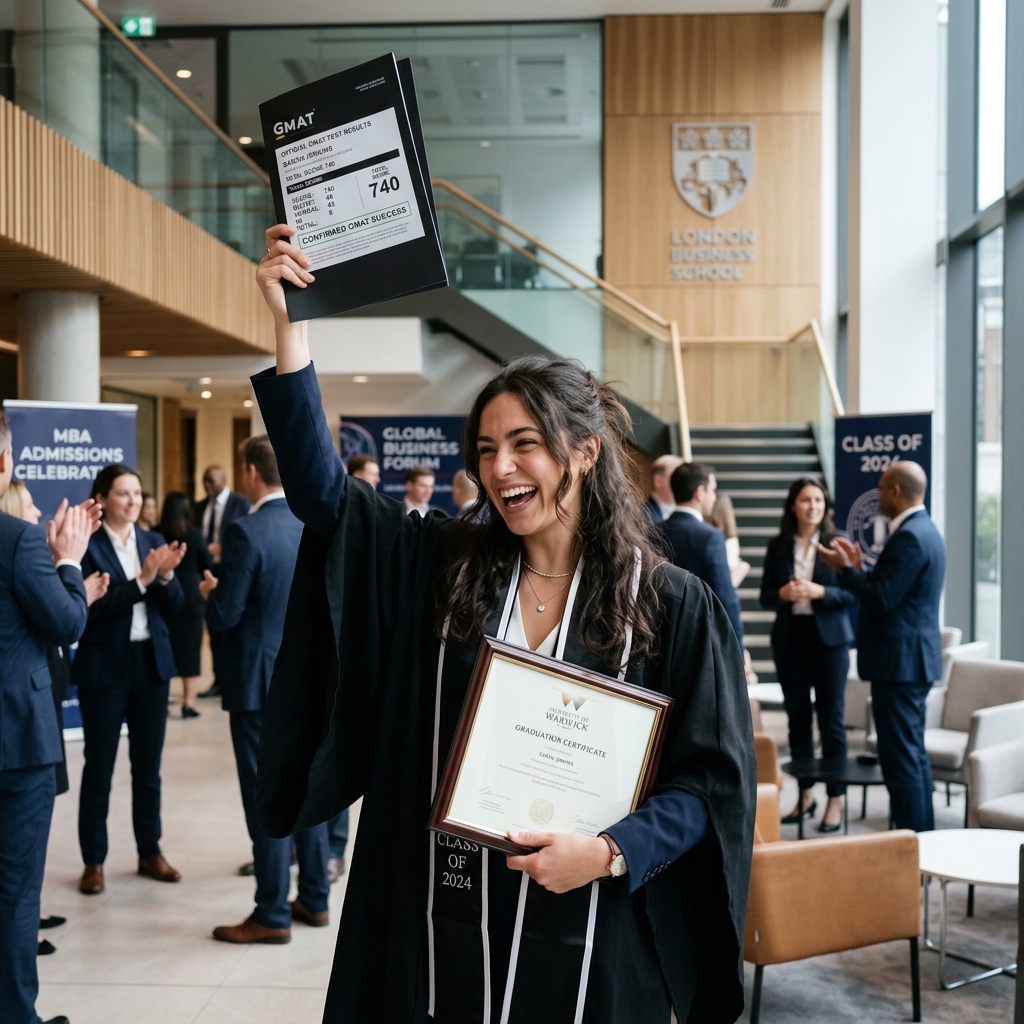Happy student celebrating GMAT 735 and MBA admissions success